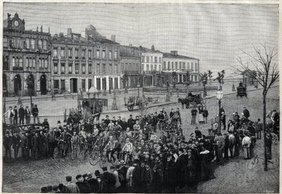 Partenza della corsa ciclistica Bordeaux-Parigi nel 1891 - incisione di Méaulle del 1891 da Fortune Louis Meaulle