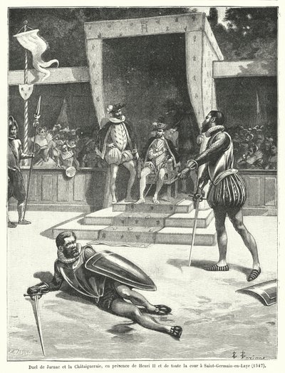 Duello tra Guy Cabot de Jarnac e François de Vivonne, Signore de la Chataigneraie davanti a re Enrico II di Francia e tutta la sua corte a St Germain-en-Laye da Fortune Louis Meaulle