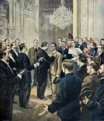 Louis Barthou decora il cocchiere Georges, soccorritore del bazar de la charite ,1897 (Incisione) da Fortune Louis Meaulle