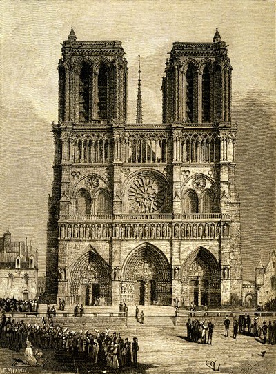 Notre Dame de Paris (Notre-Dame) nel 1482: facciata ovest e parvis. Incisione di F. Meaulle, basata su un disegno di Viollet-le-Duc che illustra l