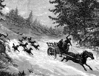 La paura del lupo: Un branco di lupi insegue un carro che trasporta tre persone, trainato da un cavallo che fugge nella neve, in una foresta delle Ardenne - incisione di Meaulle in "L