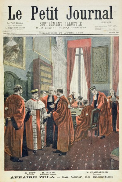 Pagina del titolo raffigurante la Corte di Cassazione con Mr. Loew, Mr. Chambareaud e Mr. Manau, illustrazione dal supplemento illustrato di Le Petit Journal da Fortune Louis Meaulle