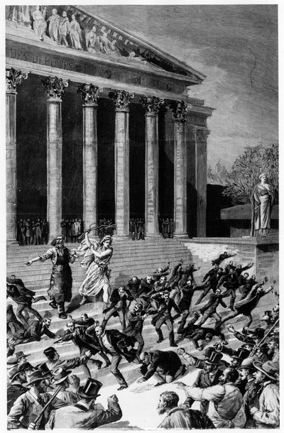 Suffragio universale e la Repubblica che caccia i mercanti dal tempio - in "Le Journal illustré" del 25/12/1892, composizione di Henri Meyer, incisione di Meaulle da Fortune Louis Meaulle