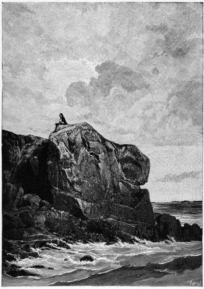 Victor Hugo in esilio a Jersey nel 1855, sulla Roccia del Proscritto. Incisione di Louis Fortune Meaulle (1844-1901), di cui Hugo disse: "Penso, lui incide." da Fortune Louis Meaulle