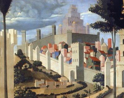 Deposizione di Cristo, dettaglio del paesaggio con vista di Gerusalemme e del tempio di Salomone da Fra  Angelico