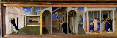 Da sinistra a destra, San Domenico (1170-1221) e Papa Innocenzo III (1160-1216), apparizione di San Pietro e San Paolo a San Domenico, e una scena di resurrezione operata miracolosamente dal santo (dettaglio) da Fra  Angelico