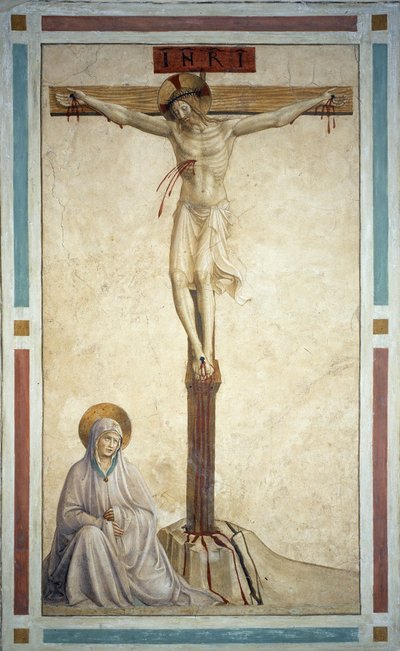 La crocifissione con la Vergine Maria. Iscrizione "INRI" sulla croce. Affresco di Guido di Pietro (o Fra Giovanni da Fiesole) detto Fra Angelico o il Beato (1400-1455) da Fra  Angelico
