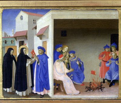 Il miracolo di Santa Domenica: la santa dà agli Albigesi il libro che confuta la loro eresia e gli Albigesi cercano di bruciarlo, senza successo - Predella della 