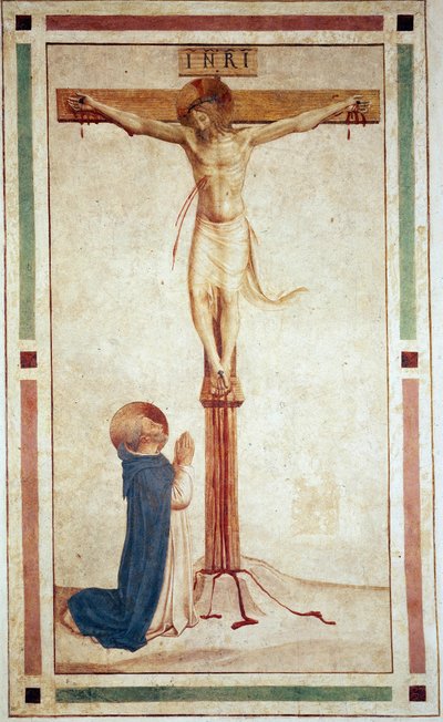 La crocifissione con San Domenico. Iscrizione "INRI" sulla croce. Affresco di Guido di Pietro da Fra Angelico