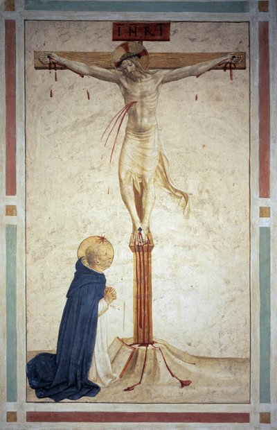 La crocifissione con San Domenico. Iscrizione "INRI" sulla croce. Affresco di Guido di Pietro da Fra Angelico