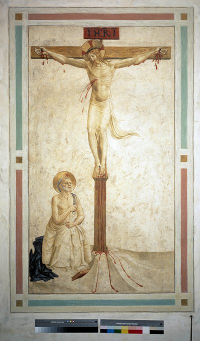 La crocifissione con San Domenico. Iscrizione "INRI" sulla croce. Affresco di Guido di Pietro da Fra Angelico