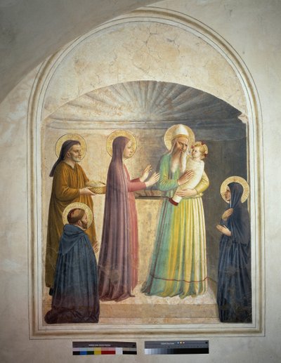 La presentazione di Cristo al tempio. San Pietro martire e la religiosa domenicana Villana osservano la scena biblica. Affresco di Guido di Pietro da Fra Angelico