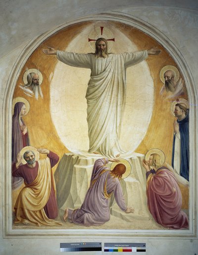 La trasfigurazione di Cristo. I volti di Mosè ed Elia sono rappresentati sullo sfondo. Sotto si vedono la Vergine e San Domenico. Poi a terra, 3 degli apostoli. Affresco di Guido di Pietro da Fra Angelico