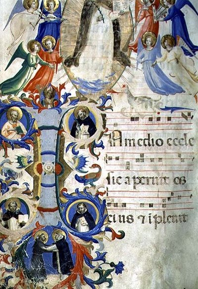 Ms 558 f.67v San Domenico circondato da angeli musicisti sopra una lettera iniziale istoriata I raffigurante (in senso orario) SS. Agostino, Ambrogio, Pietro Martire, Gregorio e Girolamo, da un Graduale, primi anni 1430 da Fra Angelico