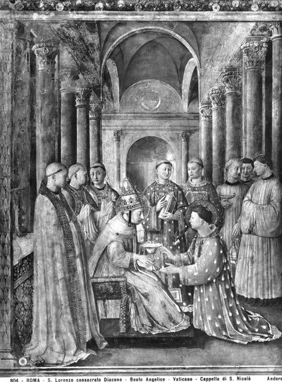 Papa Sisto II conferisce il diaconato a San Lorenzo dalla Cappella di Niccolò V da Fra Angelico