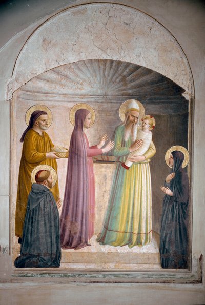 La presentazione di Cristo al tempio. San Pietro, martire, e la suora domenicana Villana osservano la scena biblica. Affresco di Guido di Pietro da Fra Angelico