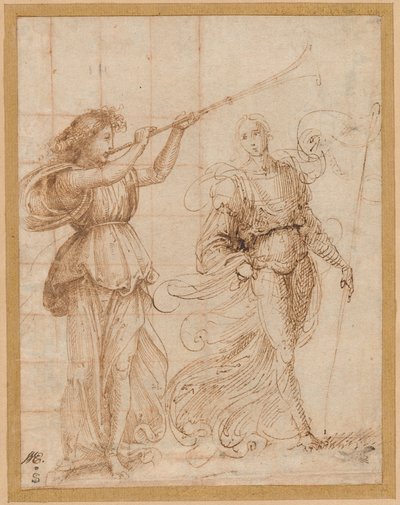 Un angelo che suona una tromba e un altro che tiene uno stendardo da Fra Bartolommeo
