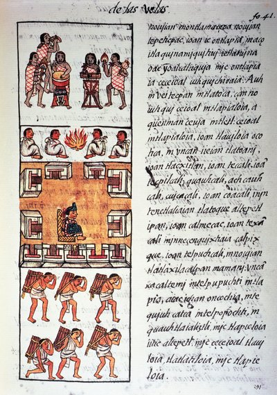 Società azteca, musicisti, re e mercanti, testo in nahuatl, da facsimile del manoscritto Storia generale delle cose della Nuova Spagna, noto anche come Codice Fiorentino, di Bernardino de Sahagun da Fra Bernadino da Sahagun