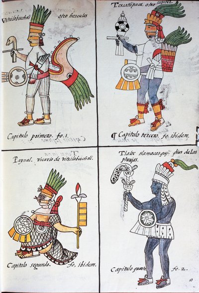 Dei degli antichi messicani, Huitzilopochtli, Tezcatlipoca, Tlaloc e Paynal, testo in spagnolo, da facsimile del manoscritto Storia generale delle cose della Nuova Spagna, noto anche come Codice Fiorentino, di Bernardino de Sahagun da Fra Bernadino da Sahagun