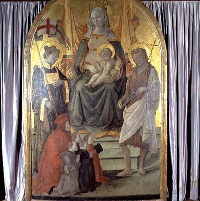 Madonna col Bambino in trono con i SS. Stefano, Giovanni Battista, Francesco Datini (c.1335-1410) e la famiglia Ceppo da Fra Filippo Lippi