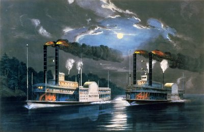 Una corsa di mezzanotte sul Mississippi, dopo un disegno di H.D. Manning, pub. da Currier e Ives, New York, 1860 da Frances Flora Bond Palmer