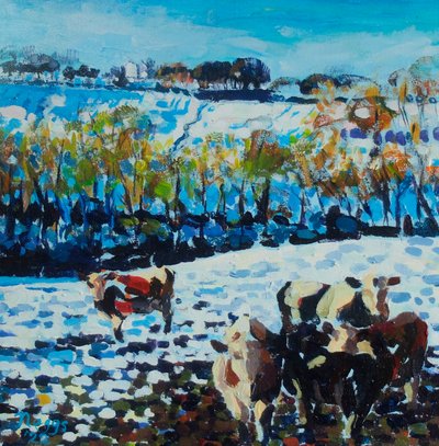 Mucche nella neve, 2024 (acrilico su tela) da Frances Naggs