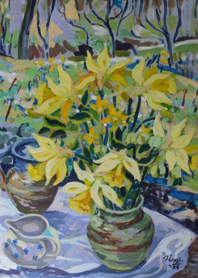 Primi narcisi, 2024 (acrilico su tela) da Frances Naggs