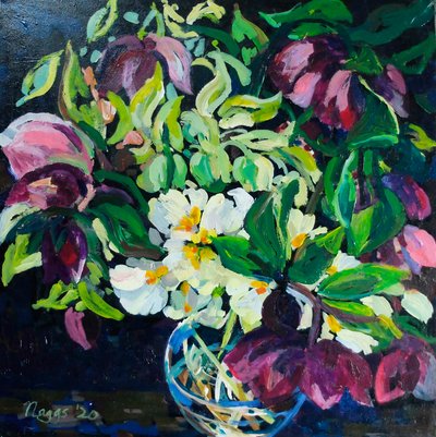 Helibore and Primroses on a Dark Ground, 2020 (acrilico su tela) da Frances Naggs