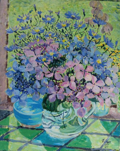 Ortensie e margherite di Michaelmas, 2021 (acrilico su tela) da Frances Naggs