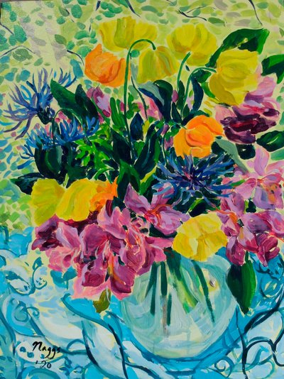 Bouquet di primavera (rododendro e papaveri gallesi), 2020 (acrilico su tela) da Frances Naggs