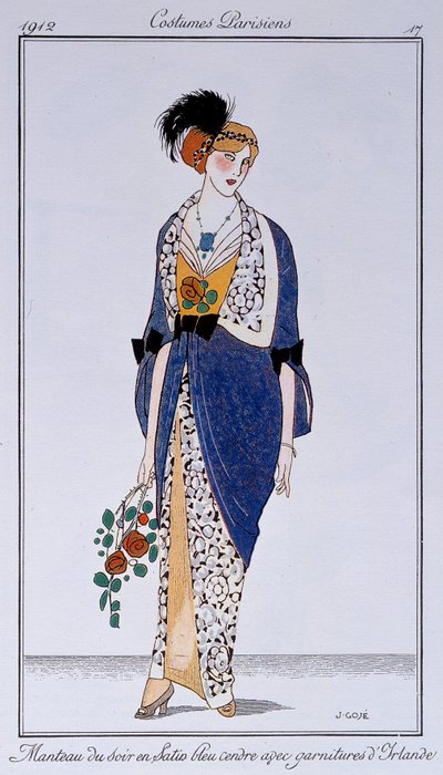 Costumi parigini: cappotto da sera in raso blu cenere con rifiniture irlandesi. Disegno di Francisco Javier Gose da Francesc Xavier Gosé