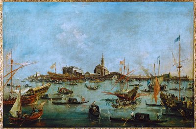 The Doge, in his golden gondola, the Bucintoro, passes San Niccolo del Lido … da Francesco (circle of) Guardi