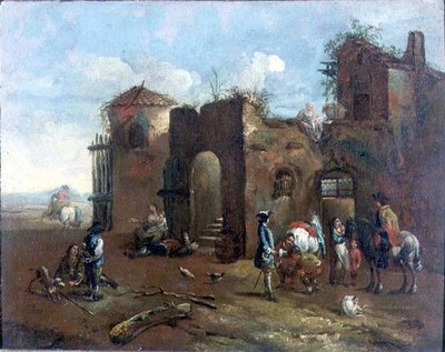 Viaggiatori fermati presso un maniscalco rustico da Francesco (circle of) Simonini