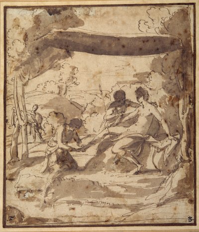 Venere, sdraiata sotto un baldacchino rustico, con Adone che le allaccia il sandalo da Francesco Albani