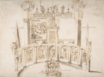 Progetto per una festa in giardino con un muro semicircolare e statue nelle nicchie, ca. 1635-79 da Francesco Allegrini