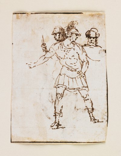 Studio di due soldati romani e una figura barbuta (recto); Studio di un uomo barbuto che cammina con un bastone (verso) da Francesco Allegrini