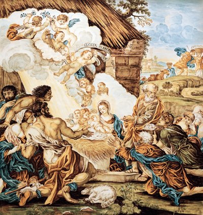 Presepe, piatto in maiolica dipinta, di Francesco Antonio Xaverio Grue, manifattura di Castelli d