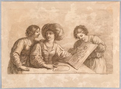 Tre donne con una tavolozza e schizzo di un disegno da Francesco Bartolozzi