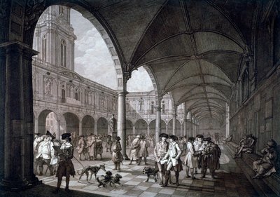 Vista del cortile nella Royal Exchange con mercanti e broker, City of London, 1788 da Francesco Bartolozzi