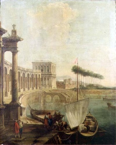 Un capriccio, porto con figure che caricano un traghetto da Francesco Battaglioli