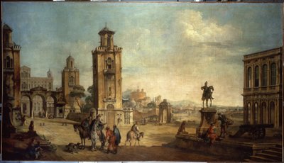 Scena di strada in una città, la grande piazza con monumenti da Francesco Battaglioli