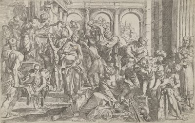San Rocco a sinistra che distribuisce elemosine a un gruppo di persone intorno a lui, dopo, 1590-1600 da Francesco Brizio
