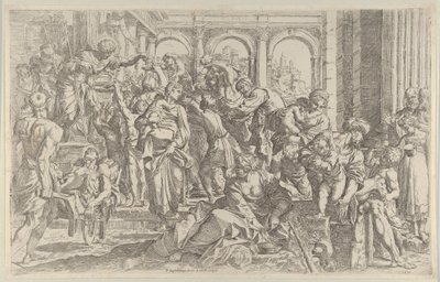 San Rocco a sinistra che distribuisce elemosine a un gruppo di persone intorno a lui, ca. 1590-1600 da Francesco Brizio