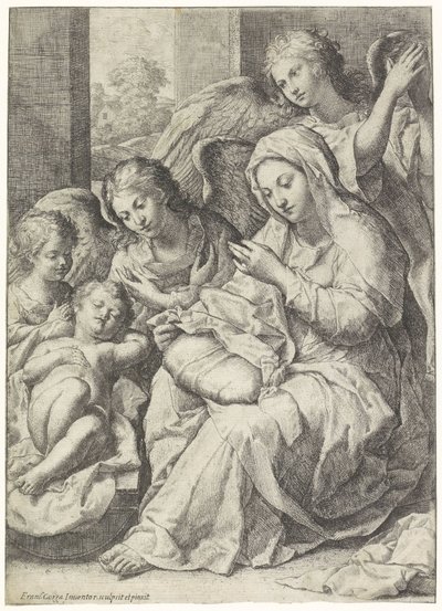 Maria e il Bambino Gesù dormiente circondati da angeli da Francesco Cozza