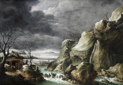 Viaggiatori che si avvicinano a un fienile in un paesaggio invernale, sotto un cielo tempestoso da Francesco Foschi