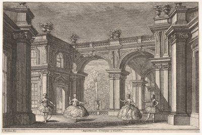Due signore e due gentiluomini che ballano in un ambiente architettonico ornato, una fontana..., 1765 da Francesco Galli Bibiena