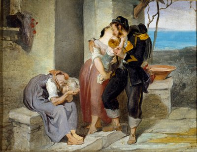 Partenza del soldato da una famiglia, il soldato lascia la moglie e il figlio in lacrime per andare in guerra da Francesco Gandolfi