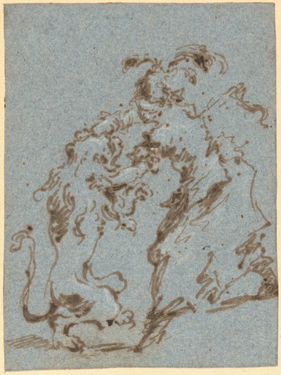 Una donna elegantemente vestita che lotta con un leone da Francesco Guardi