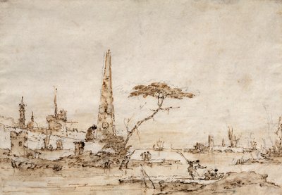 Capriccio vicino a una Laguna Veneziana con un Obelisco e un Leone fuori dalle Mura di una Città Fortificata da Francesco Guardi