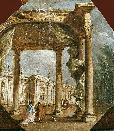 Capriccio di una rovina con una coppia elegante e un cane da Francesco Guardi